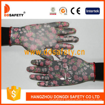 13 Gauge Red Flower Design Nylon Liner Knit Wrist White PU Coated Gloves